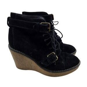 Madewell 1937 Black Suede Wedge Ankle Boots Lace‎ Up Buckle Detail Women